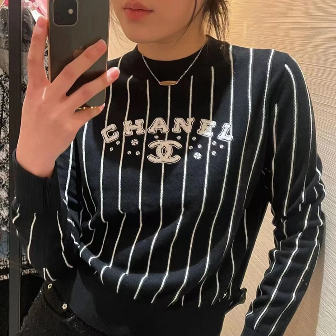 99新 Chanel/香奈儿 23P复古羊绒条纹logo提花长袖 36码
