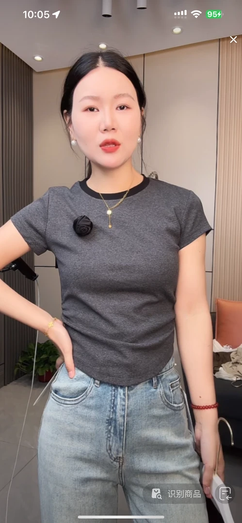 【慕妍专属】2496（衣长53）设计感小众收腰褶皱短款正肩短袖t恤