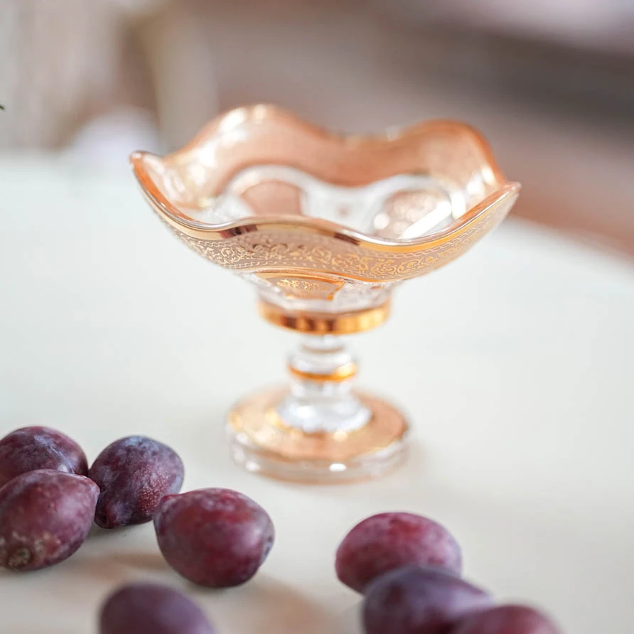 【奇居腾飞】水晶玻璃金色浮雕小号高脚碗干果零食小蝶2个装