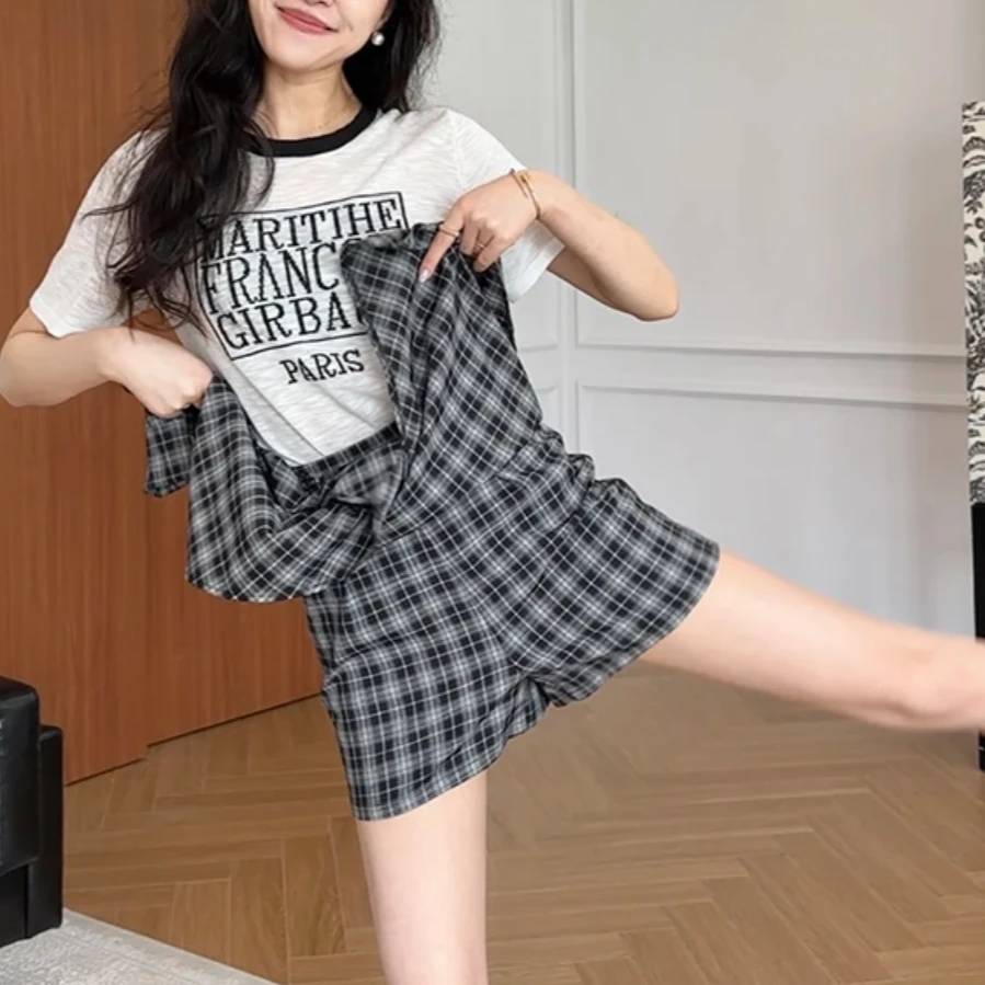 【曼谷热浪】薄款竹节麻针织短袖+显瘦假两件裙裤