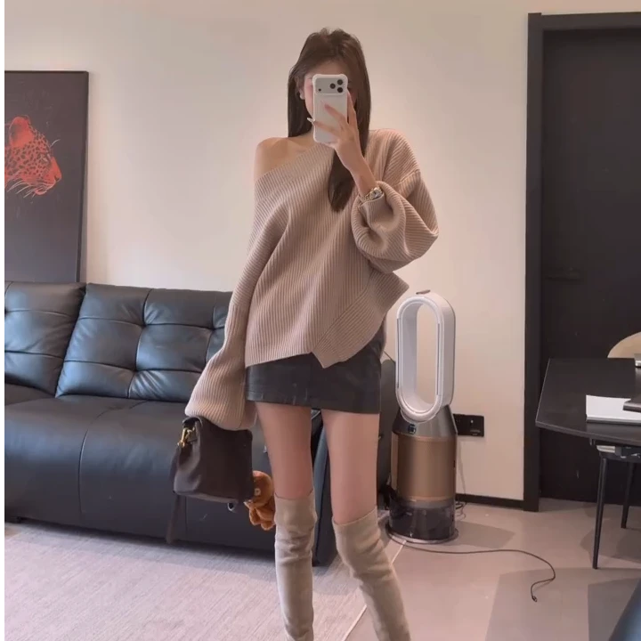 斜领一字肩套头毛衣女装冬季慵懒风不规则宽松气质上衣长袖针织衫