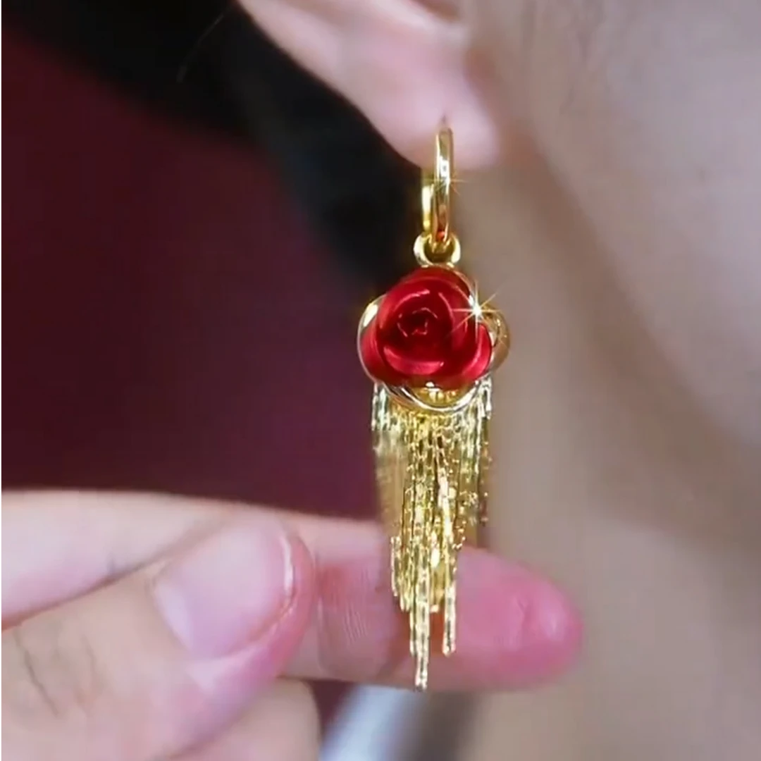 925银针耳饰 【158号】秋冬新款红色玫瑰花气质长款流苏百搭耳环