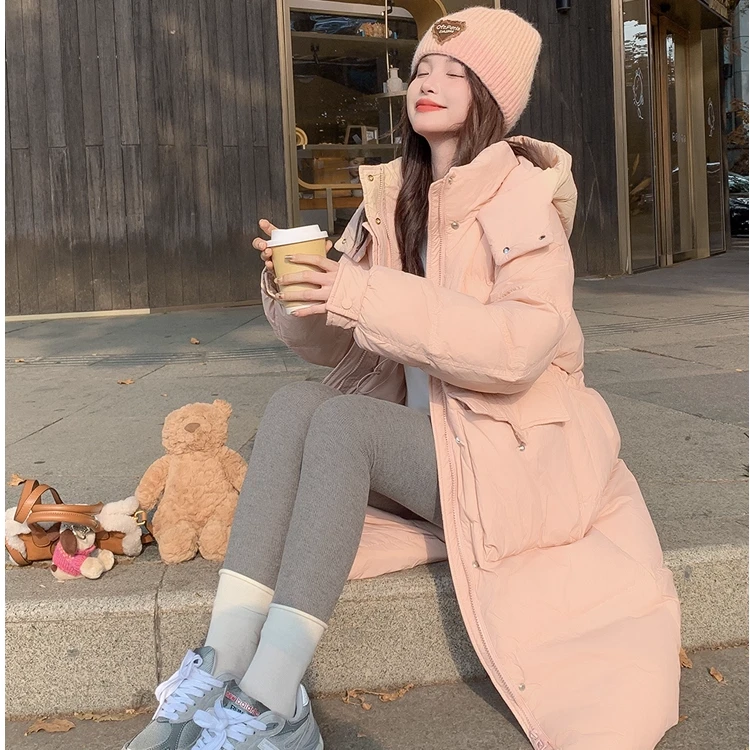 冬季新款三粒扣3收腰长款连帽过膝百搭泡芙升级白鸭绒羽绒服外套