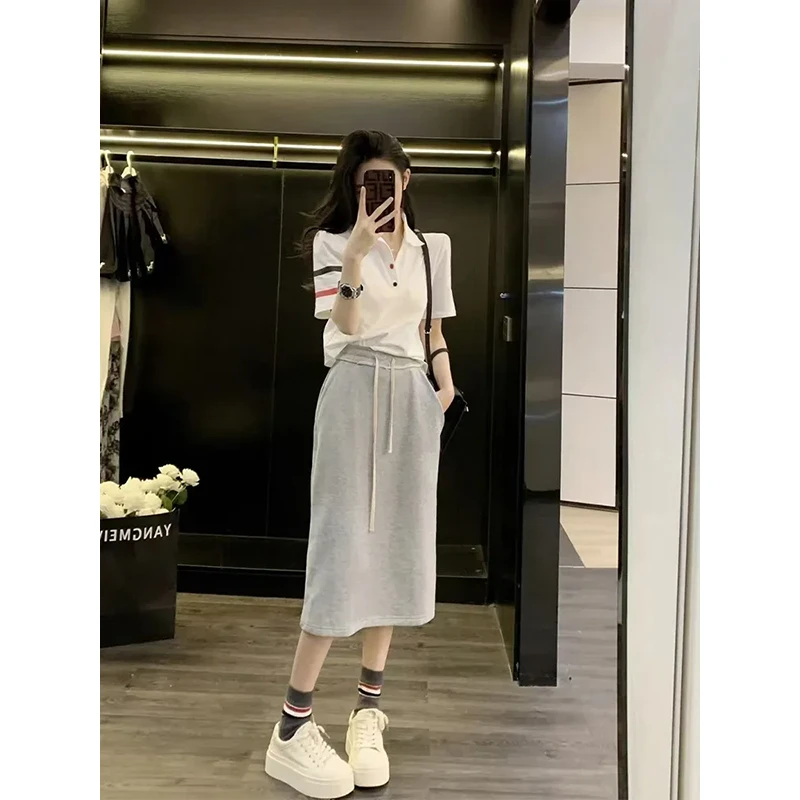 休闲时尚翻领POLO衫上衣+灰色直筒半裙JYFM2303 275302