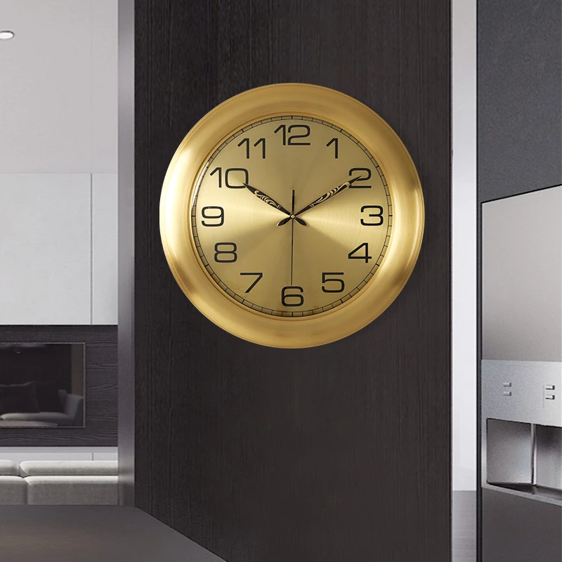 黄铜圆形挂钟新中式简约静音钟表家用装饰客厅墙壁挂表石英钟
