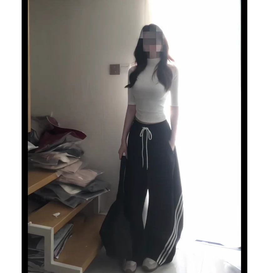 韩系辣妹穿搭一整套女春秋新款纯棉半高领中袖T恤阔腿裤两件套装