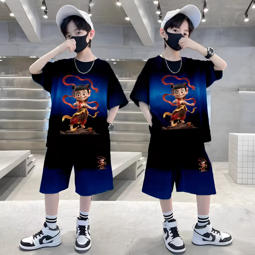 哪吒闹海男童短袖套装夏季2025儿童渐变衣服帅气潮童装中大童夏装