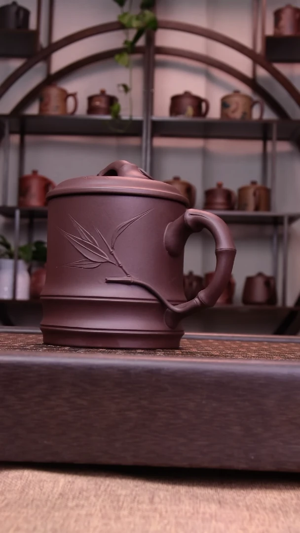 茶杯紫砂手工三面贴竹叶竹节杯600CC容量