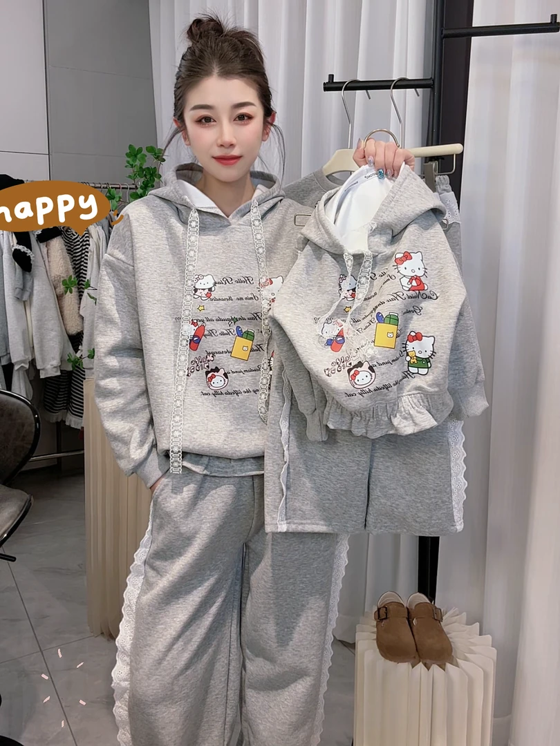 亲子女童韩系穿搭连帽套装2025新款春季洋气kt猫连帽卫衣卫裤套装
