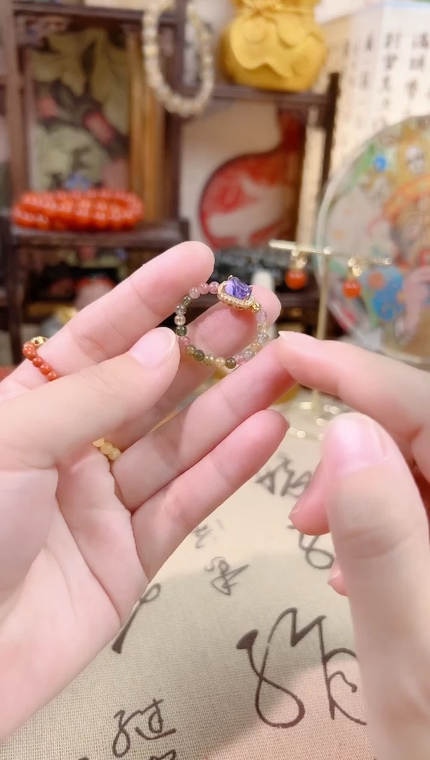 银S925镶嵌戒指碧玺碧玺紫水晶貔貅戒指