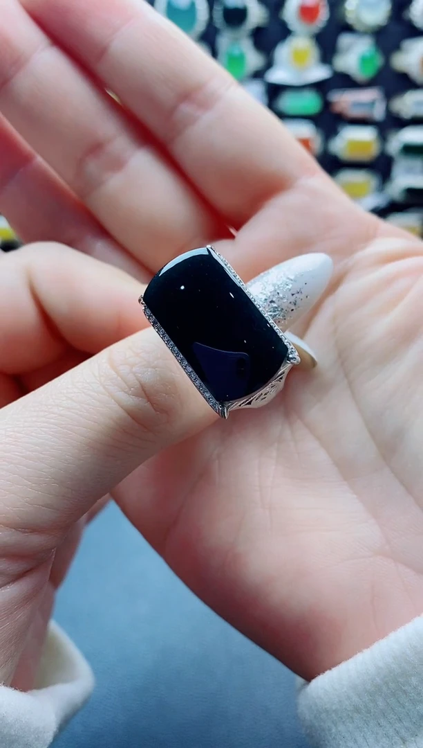 银S925镶嵌戒指翡翠王*天然翡翠A货男戒