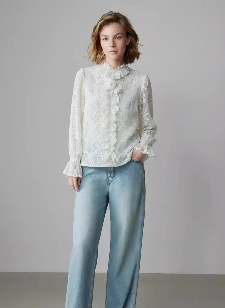 【菲姐专属】法式重工轻奢气质优雅蕾丝木耳边白色衬衫打底衬衣长袖