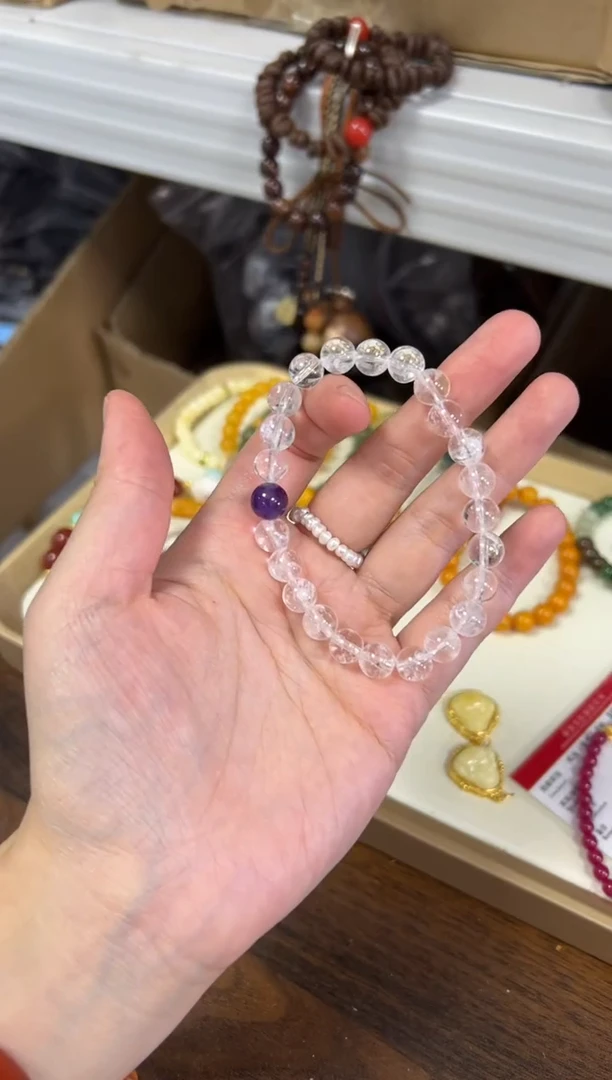水晶手链未镶嵌天然白水晶紫晶顶珠款手链[0606]