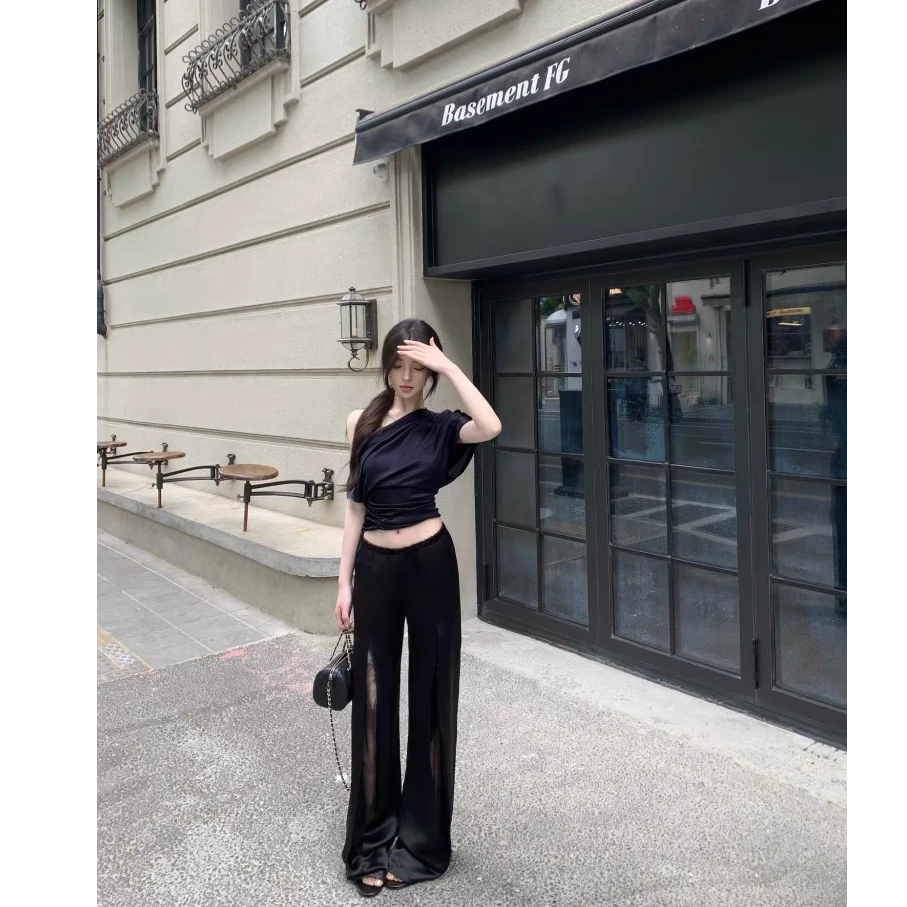 法式时尚设计感气质修身ins上衣2025新款高腰显瘦蕾丝醋酸阔腿裤