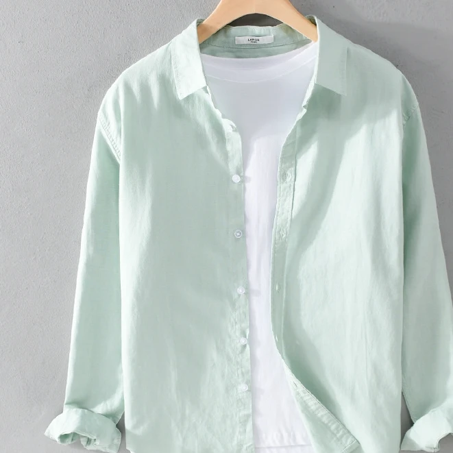 欧米朵春季亚麻衬衫男长袖薄款宽松纯色日系休闲百搭青年工装衬衣