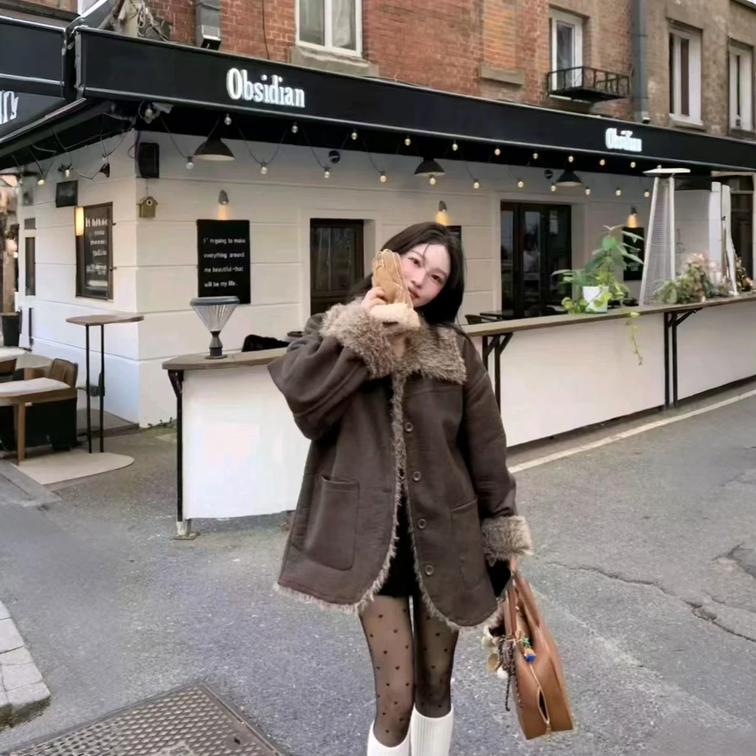 双面穿环保皮毛一体外套女2025秋冬新款羊羔毛中长款加厚复古大衣