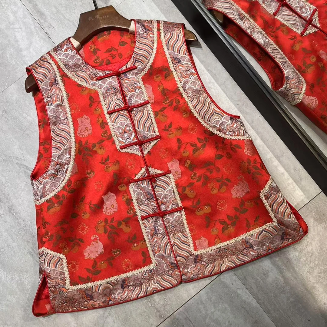 【念花溪】 Ou新中式复古高级感网红马夹红色提花套装喜庆马甲