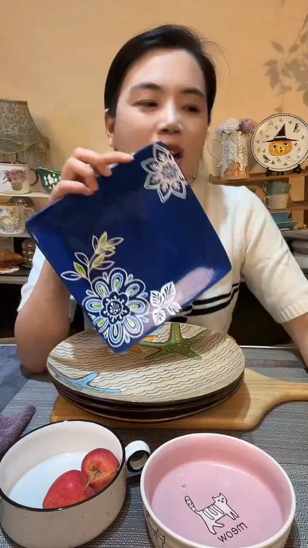 瓷片8.5英寸手绘方盘 微瑕介意勿拍