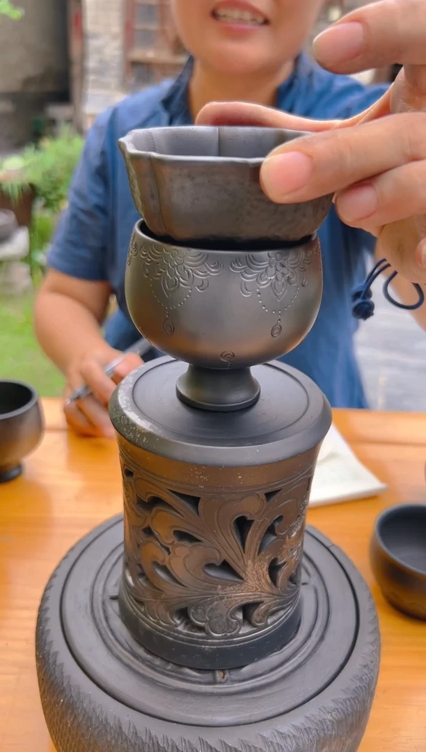 泥塑神农黑陶特制花纹禅定杯方口