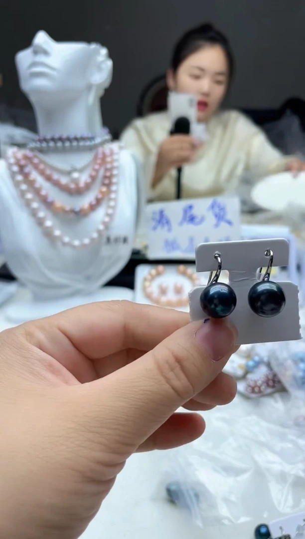 未镶嵌淡水珍珠耳饰12mm+  孔雀绿高跟鞋耳钩