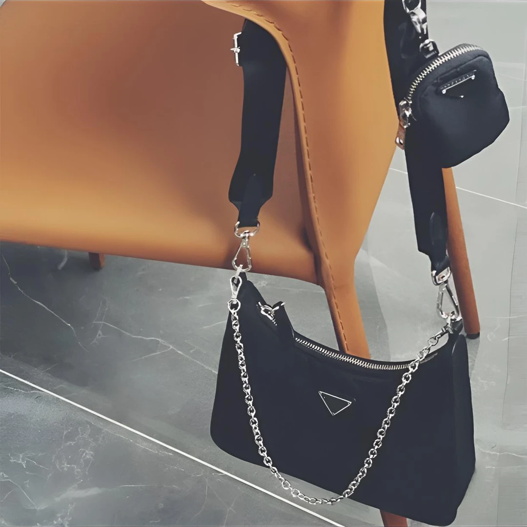 三合一女时尚三角标防水尼龙布包hobo链条包单肩新月斜挎包