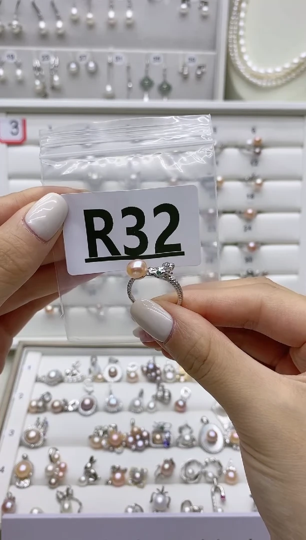 银S925镶嵌戒指淡水珍珠翎*R32