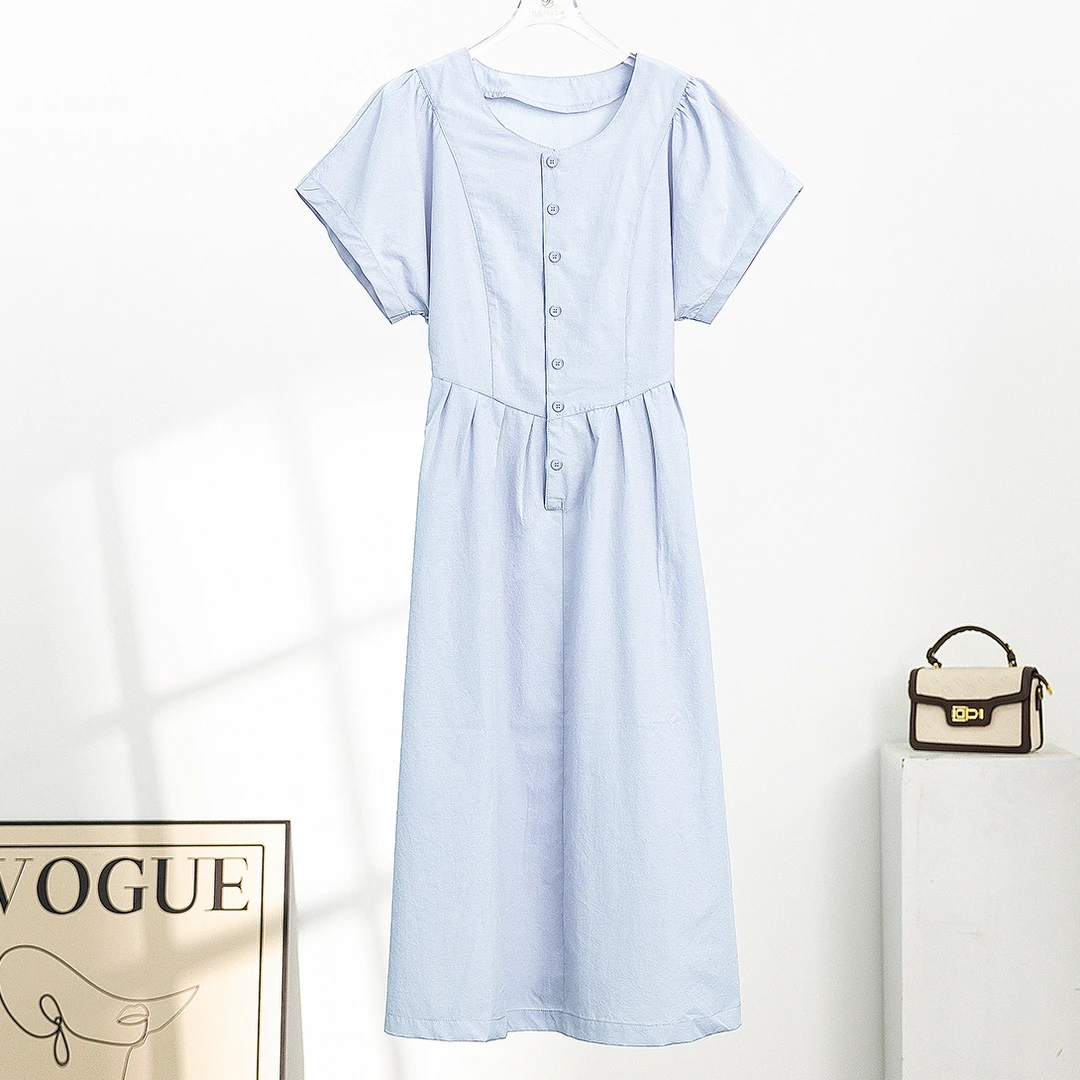 无印心匠B55130 法式复古圆领灰色系带收腰短袖连衣裙 K972