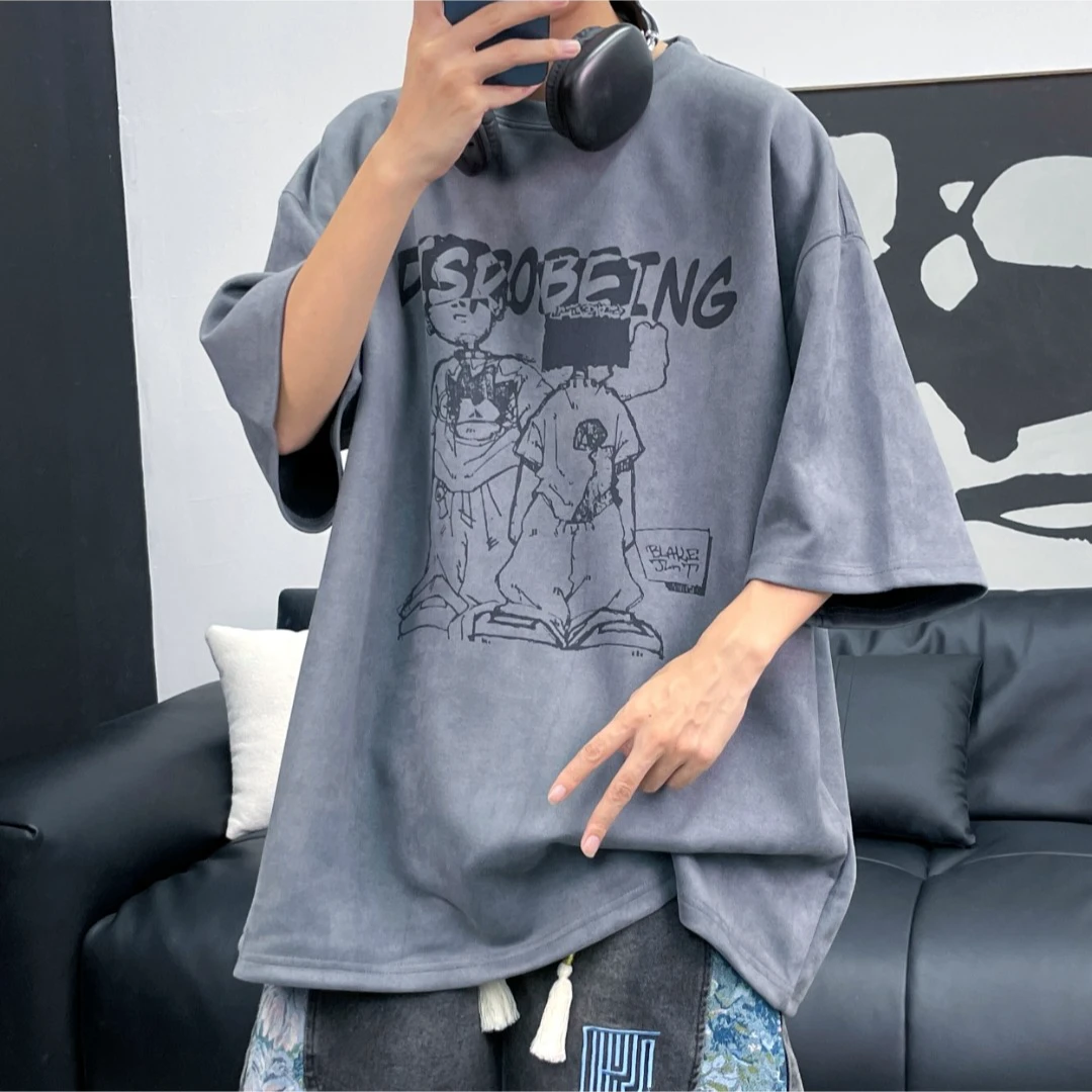 夏季中性风情侣雕花复古美式短袖小众设计师款印花学生宽松T恤男
