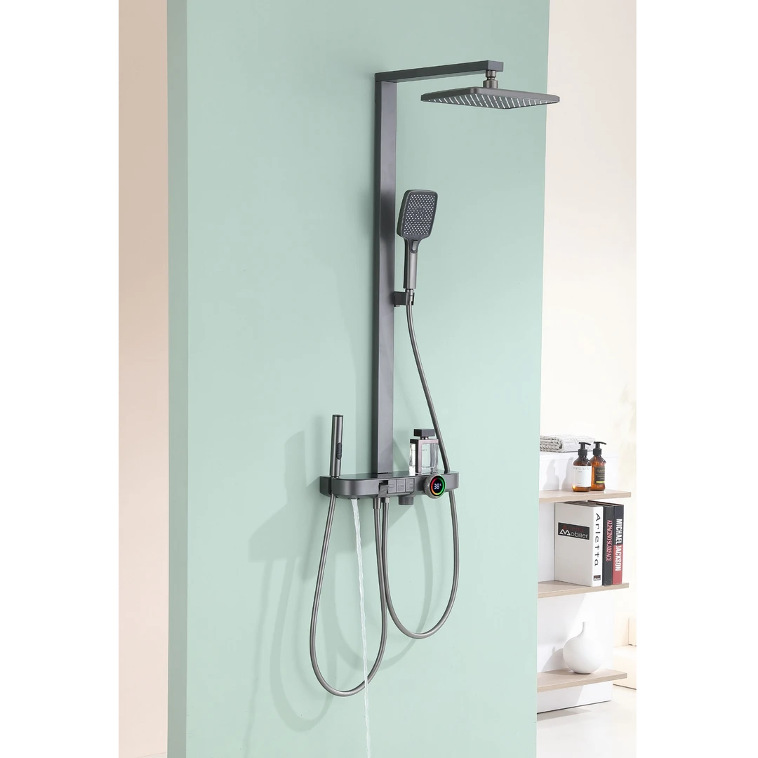 家用四功能浴室增压恒温淋浴花洒套装全铜材质数显设计