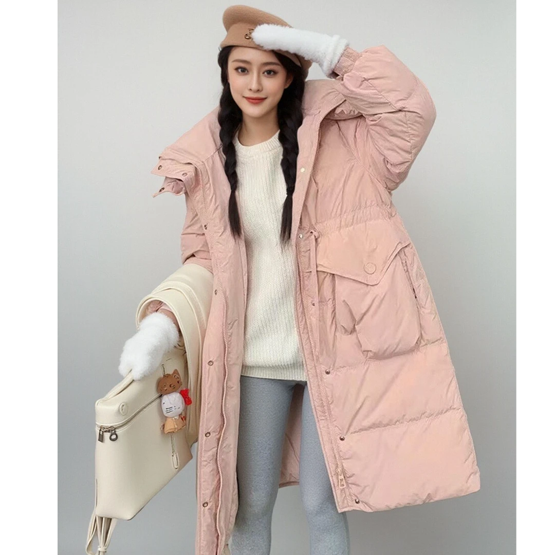 鸭绒手套大口袋羽绒服过膝加厚宽松冬季款韩版羽绒外套中长款