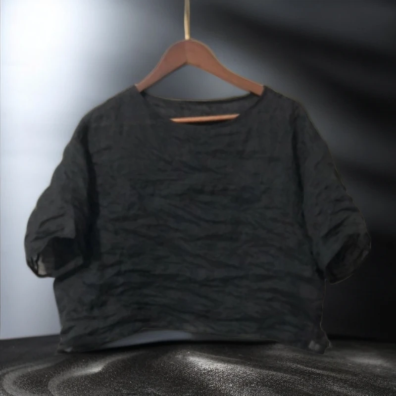 小个子0528圆领拼接宽松苎麻套头小衫衣长50胸围120