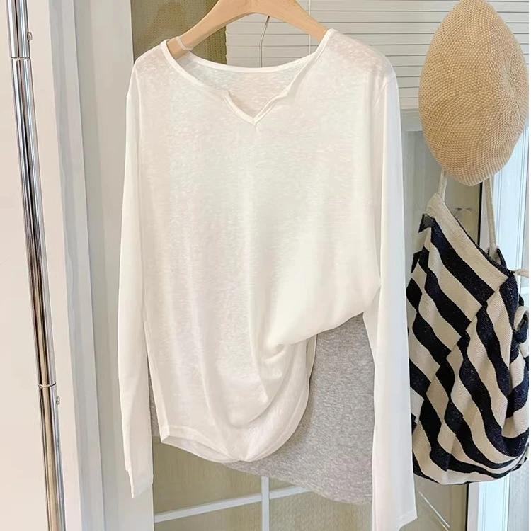 透气凉感V领宽松显瘦超绝松弛感纯色长袖t恤慵懒防晒衣罩衫上衣女