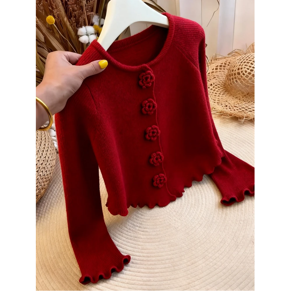 跨年氛围感高级立体花朵甜美针织衫女秋冬大码显瘦设计感红色毛衣