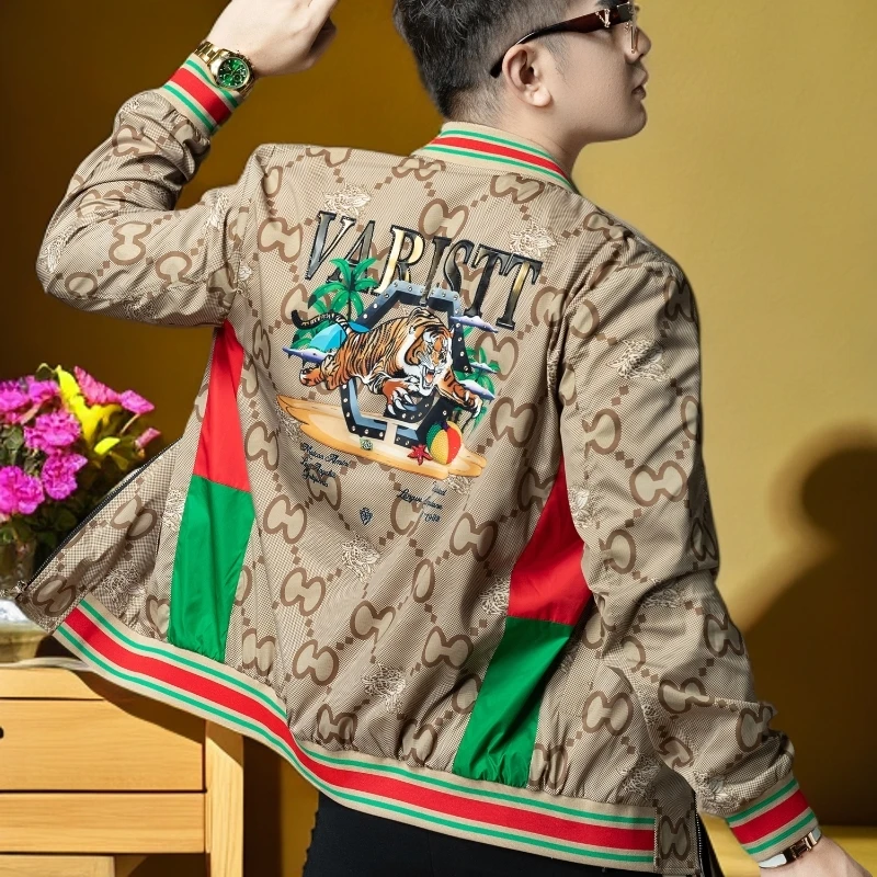 维斯克纳男士秋季潮牌猛虎印花翻领外套休闲夹克男装上衣男款秋装