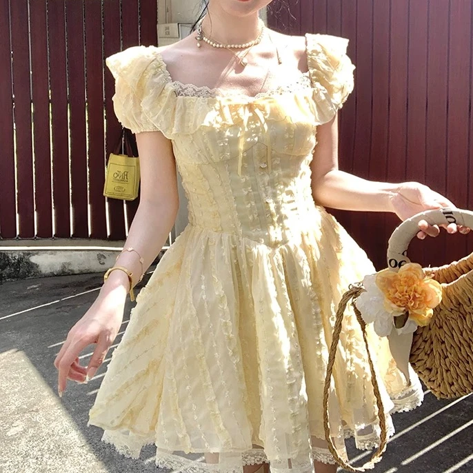 8359 长短款/春季法式甜美中长款黄色方领泡泡袖连衣裙