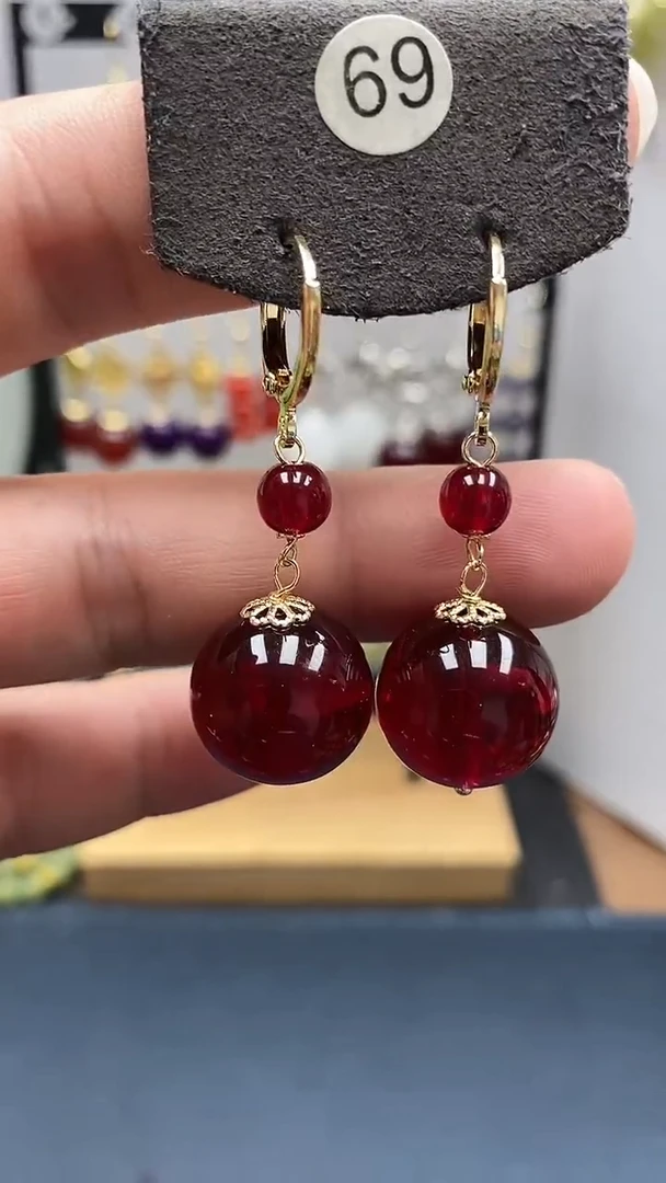 银S925镀金镶嵌血珀耳饰尺寸16mm耳扣D2