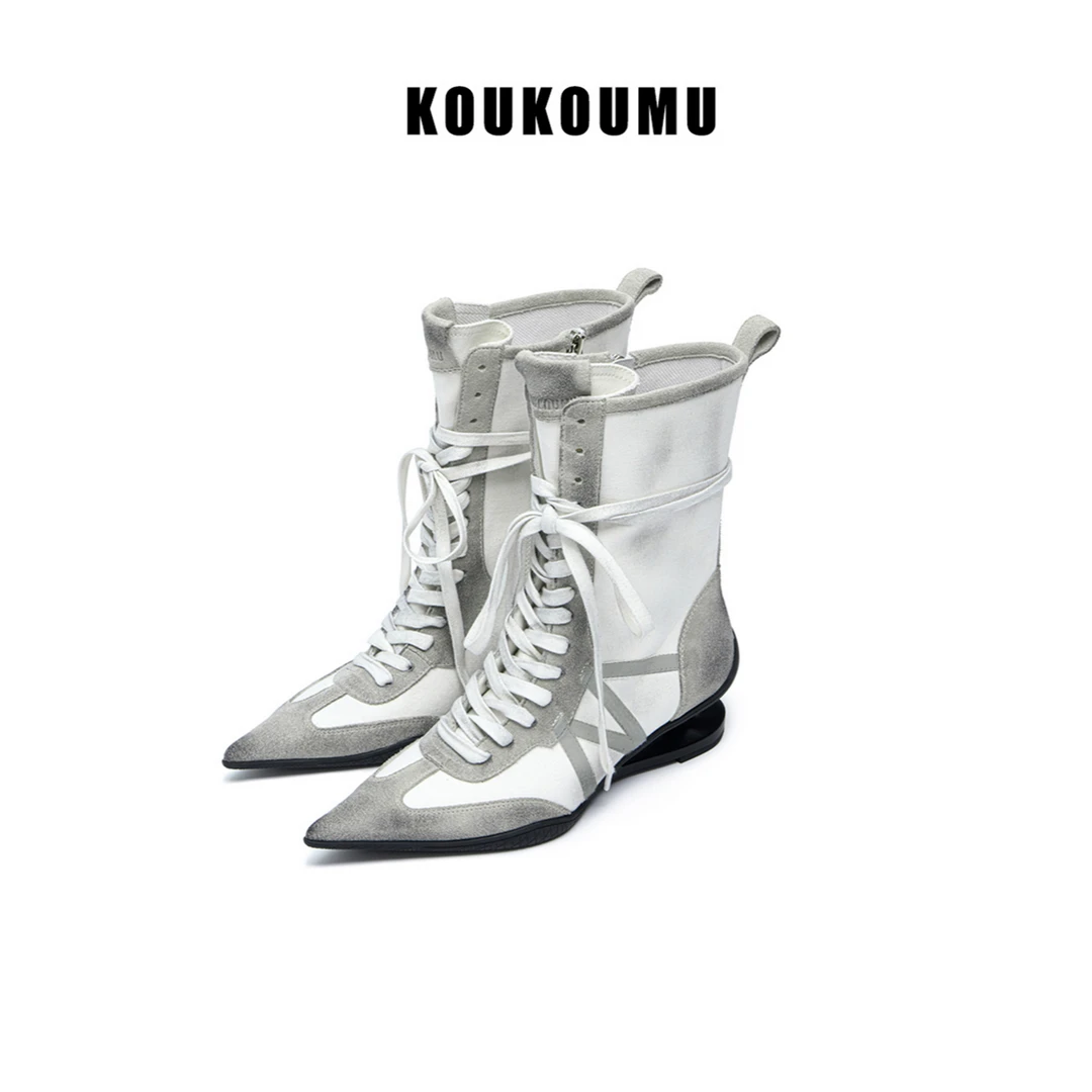 KOUKOUMU 新款 拳击靴 悬浮跟德训鞋 尖头高跟靴运动靴