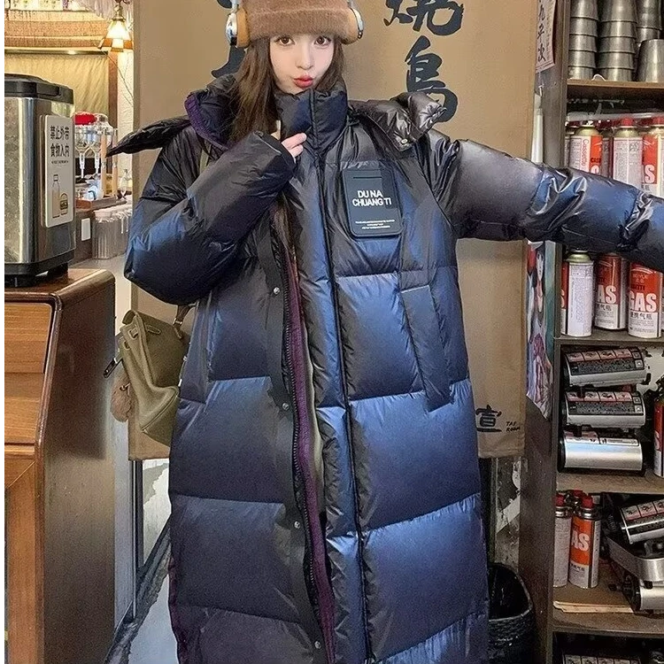 新款黑金女款冬季韩版宽松过膝加厚保暖长款外套连帽