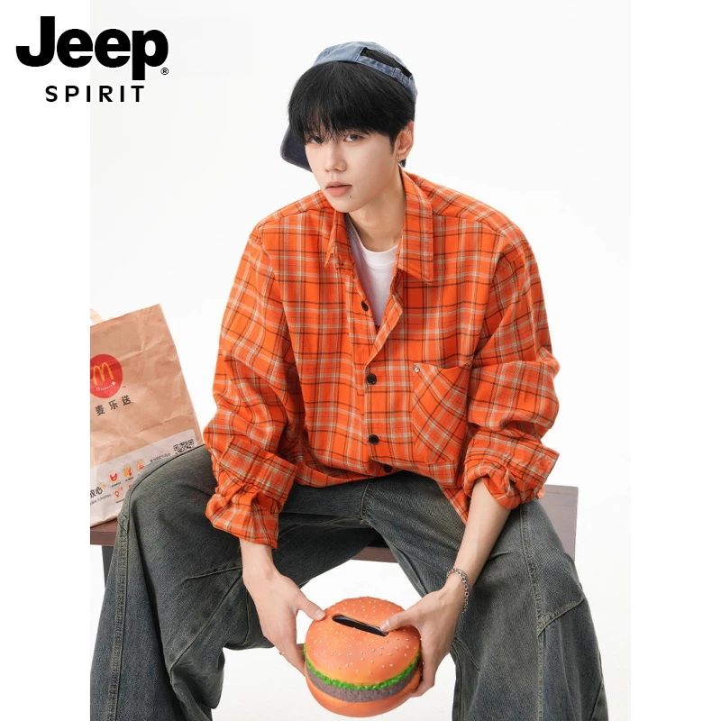 JEEPSPIRIT美式橙色潮流百搭衬衫男女夏宽松多巴胺情侣男生穿搭