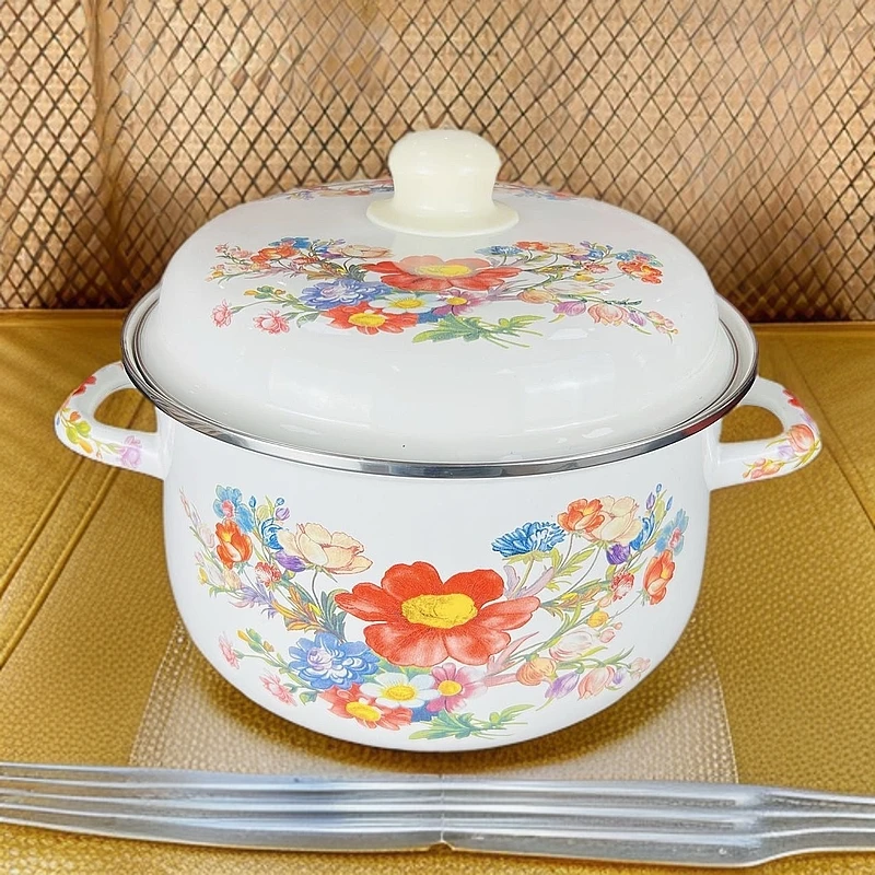 新疆包邮 22cm 白色胖锅 双耳汤锅老式珐琅搪瓷烧锅带盖汤面碗