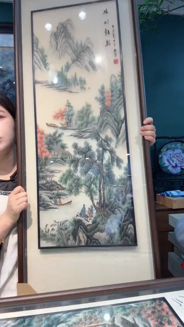 刺绣非遗苏绣手工刺绣单面绣山水四条屏