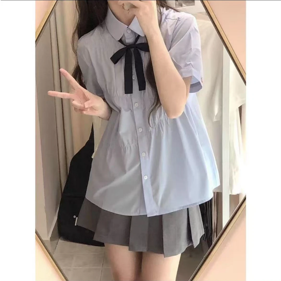 大码夏季套装学院风甜美奶蓝色短袖衬衫上衣连衣裙两件套1836#