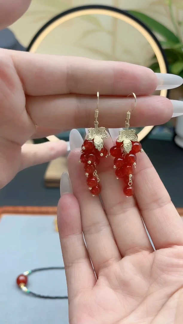 玛瑙/玉髓耳饰银S925镶嵌00葡萄红色