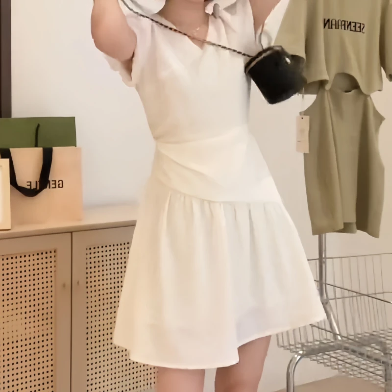 秋季气质法式连衣裙轻奢短裙褶皱绑带设计名媛风连衣裙泡泡袖小众