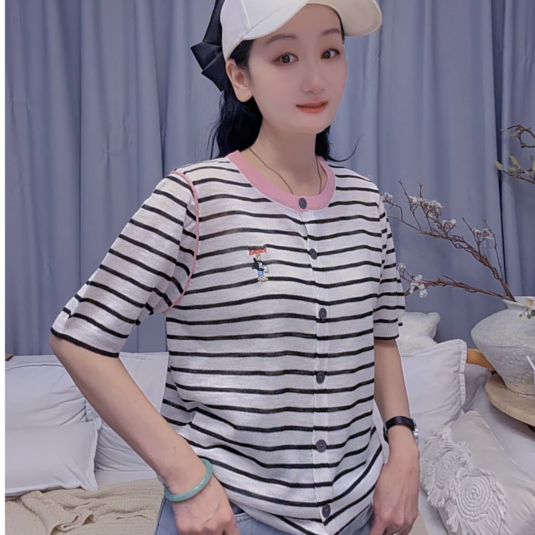 M52M012慕之淇冰丝重工刺绣条纹撞色洋气时尚百搭针织上衣