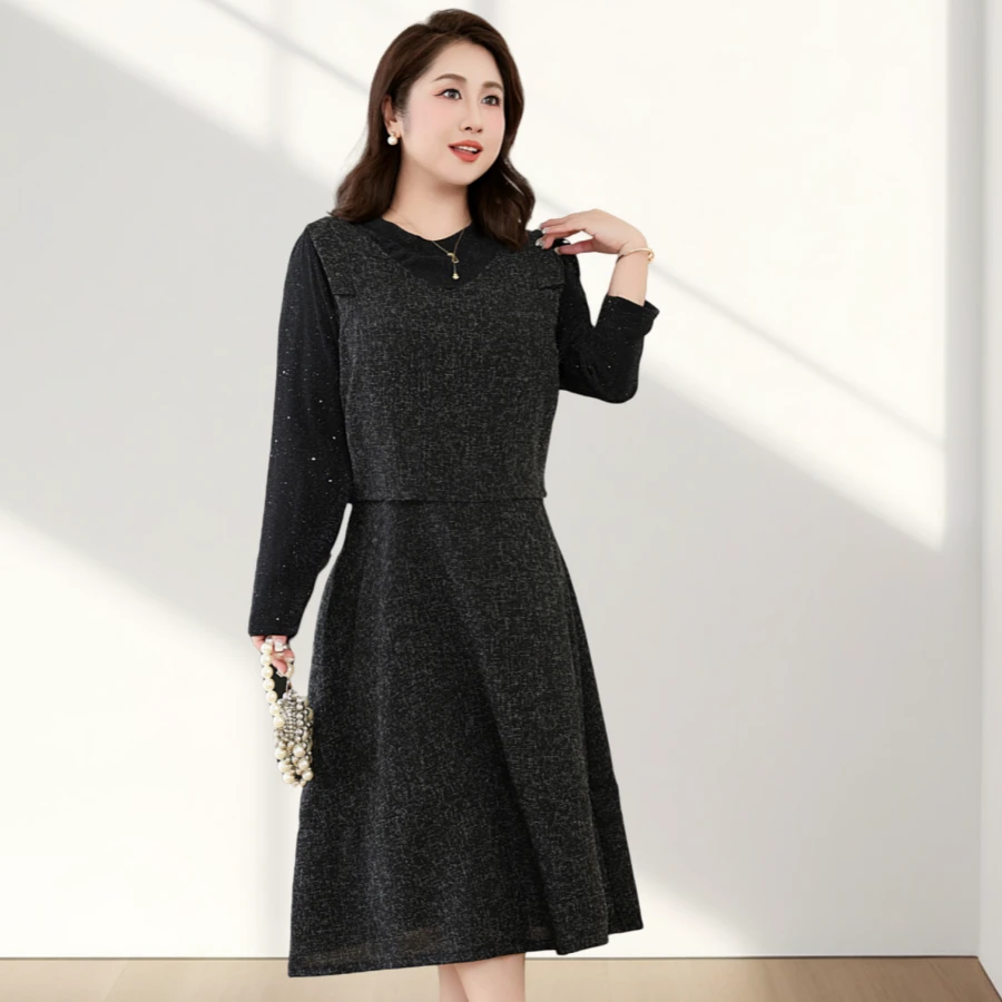 【岩心】大码女装270斤胖MM春季假两件圆领显瘦收腰连衣裙1106#