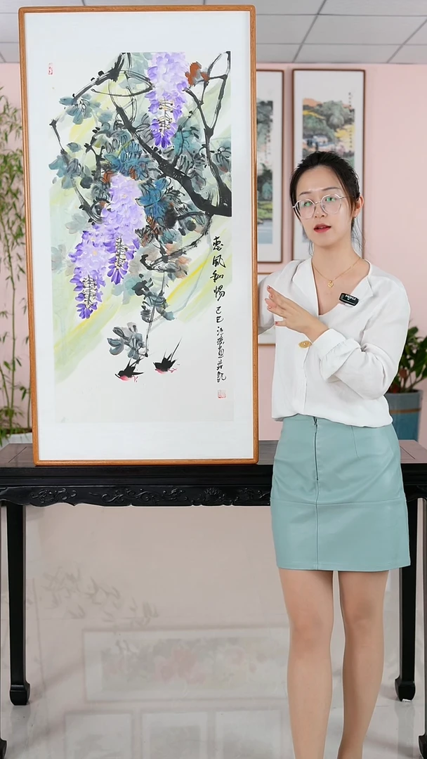 国画汪琼《惠风和畅》纯手绘柚木框122*62厘米