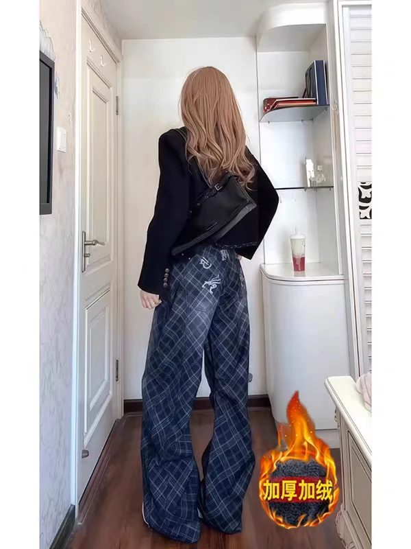 美式辣妹复古菱格绗线弯刀牛仔裤女2025秋季新款宽松百搭阔腿长裤