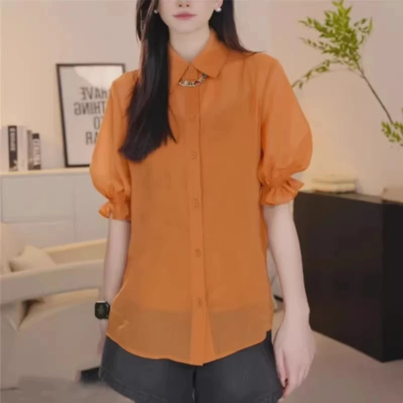 商场同款2025夏季新款时尚气质百搭简约翻领泡泡袖衬衫女130018