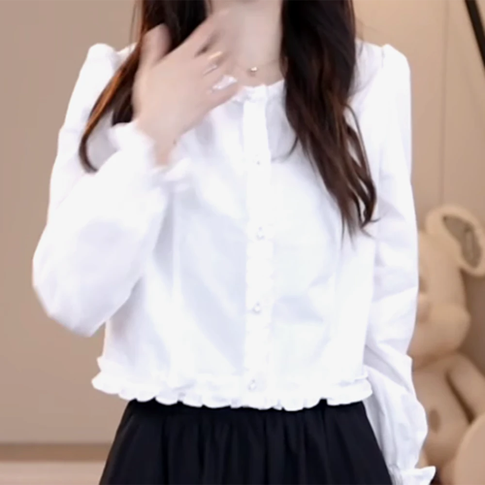 【在逃公主】早春新款百搭甜美木耳花边小众设计感衬衫上衣女